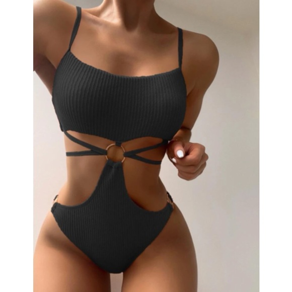 Boho black gold chain detail cutout monokini swimsuit